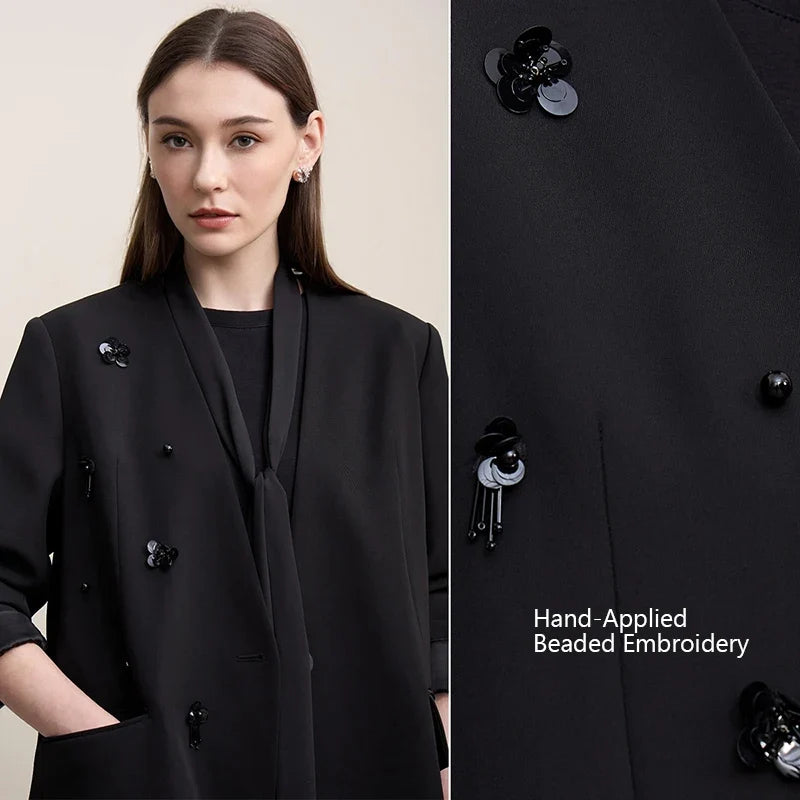 Amii Women's Jacket 2026 Autumn New Elegant Commuter Beaded Flower Chiffon Streamer Tie Blazers Solid Loose V-Neck Top 12641078