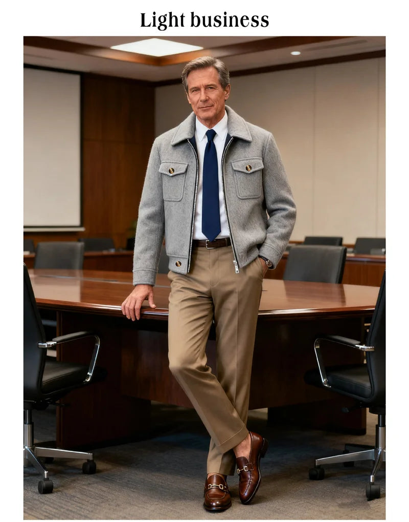Men's Polyester Brushed Jacket, Lapel Button/Zipper Coat with Pocket, Comfortable Casual Autumn Winter Office Business Wear