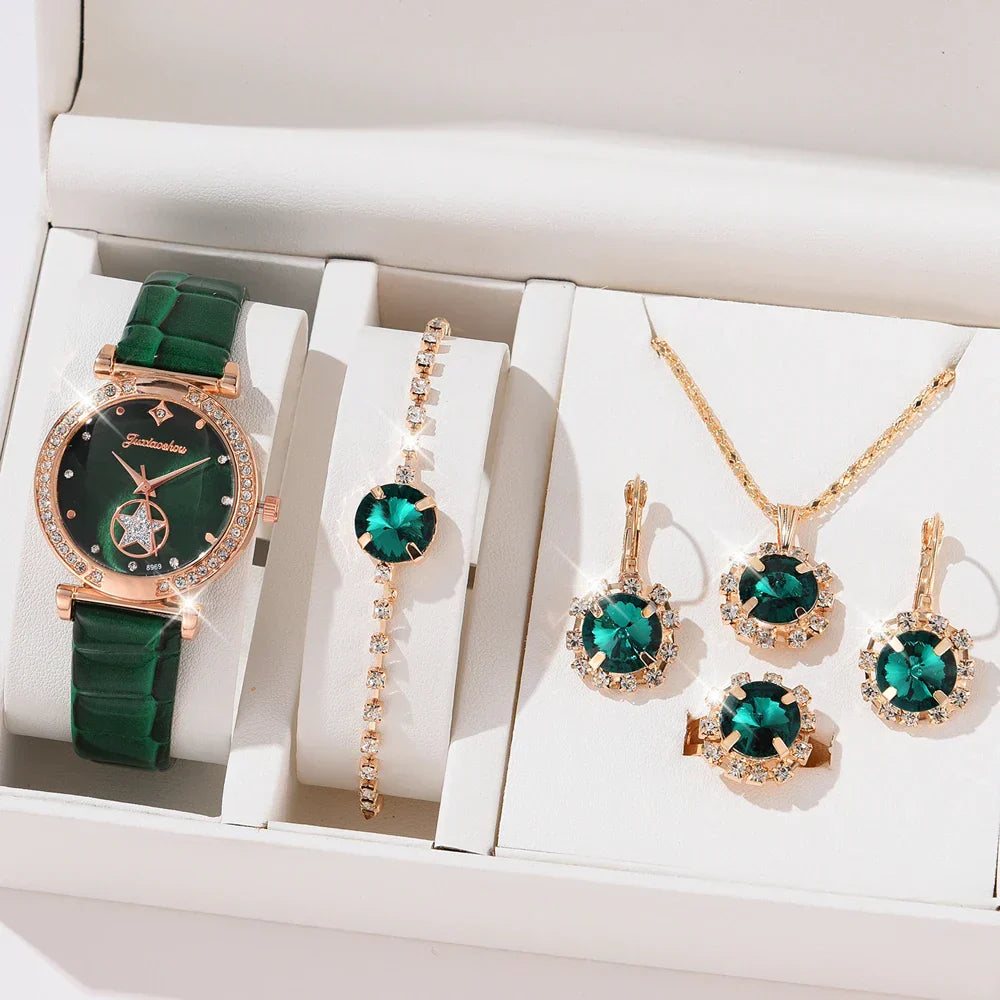 6PCS Set Green Luxury Quartz Watch Women Ring Necklace Earring Rhinestone Fashion Wristwatch Casual Ladies Bracelet Watches 6PCS