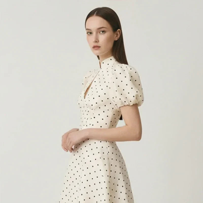 Retro Polka Dot Mini A-line Dress Elegant Stand Collar Puff Short Sleeve Waist-cinching Dresses 2026 New Lady Party Gowns