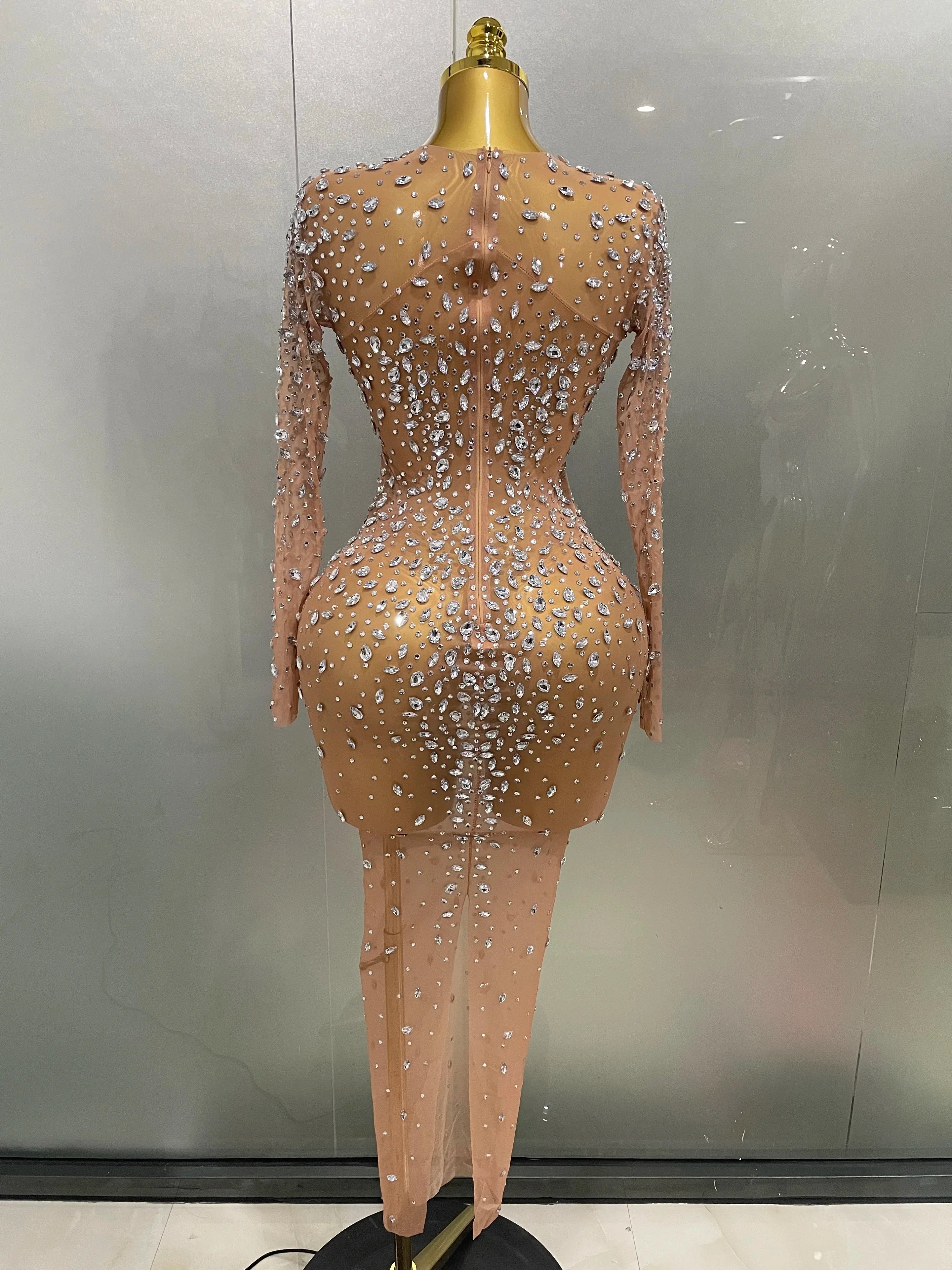 Sexy Shinny Rhinestone Stretch Mesh Transparent Long Dress 2025New Women Evening Birthday Party Prom Nightclub Singer Stage Wear