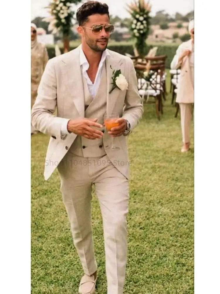 3-piece Beige Linen New Arrival Groomsmen Peak Lapel Groom Tuxedos Men Suits Wedding Best Blazer Beach Party( Jacket+Vest+Pants)