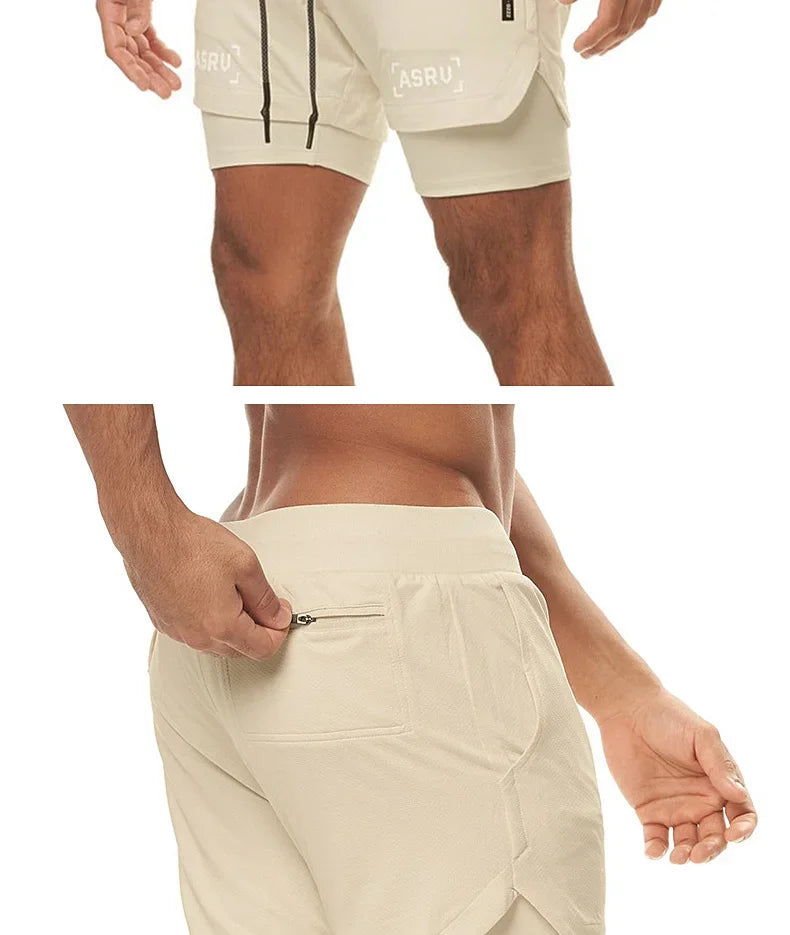 Men's 2 in 1 Double-deck Gym Shorts Quick Dry Summer Running Workout Shorts Zipper Pockets Slim Fit Fitness Training Short Pants