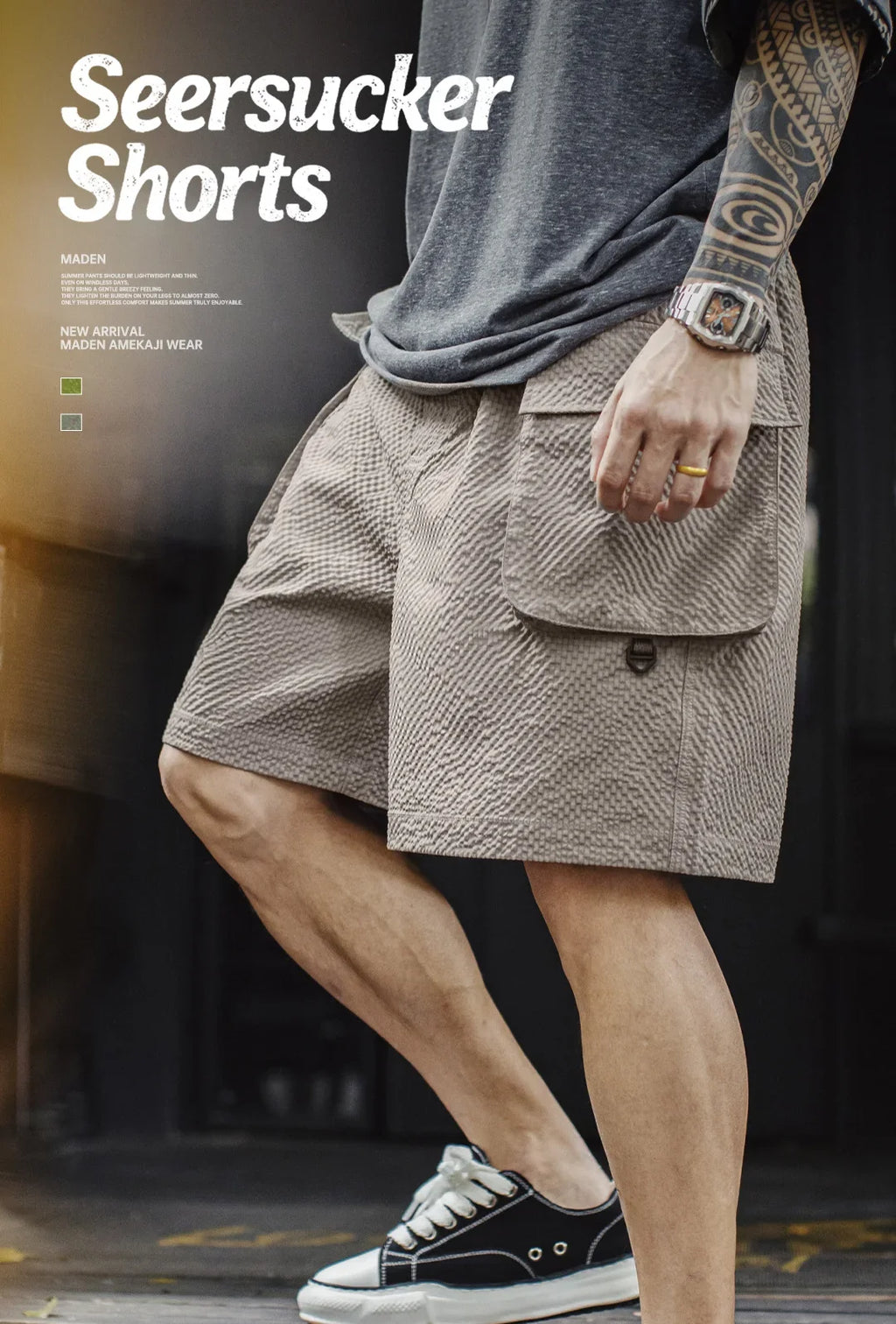 Men's Lightweight Seersucker Five Inch Shorts American Retro Mountain Style Techwear Thin Casual Summer Men Bottoms