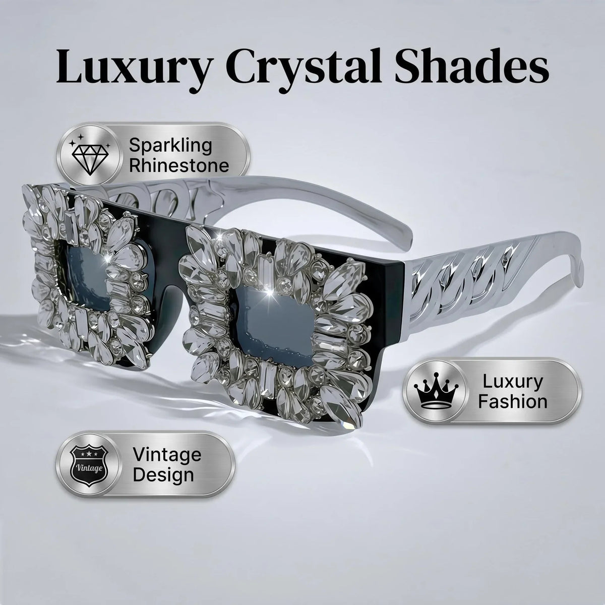 Exaggerated Bling Rhinestone Square Sunglasses Women Luxury Silver Chain Leg Statement Eyewear for Party Nightclub Rave Festival