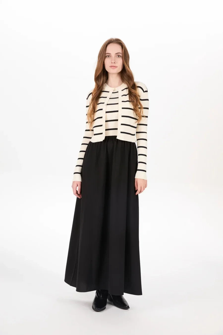 AW25 stripe knitting cardigan + sleeveless patch dress maxi matching set for woman clothing