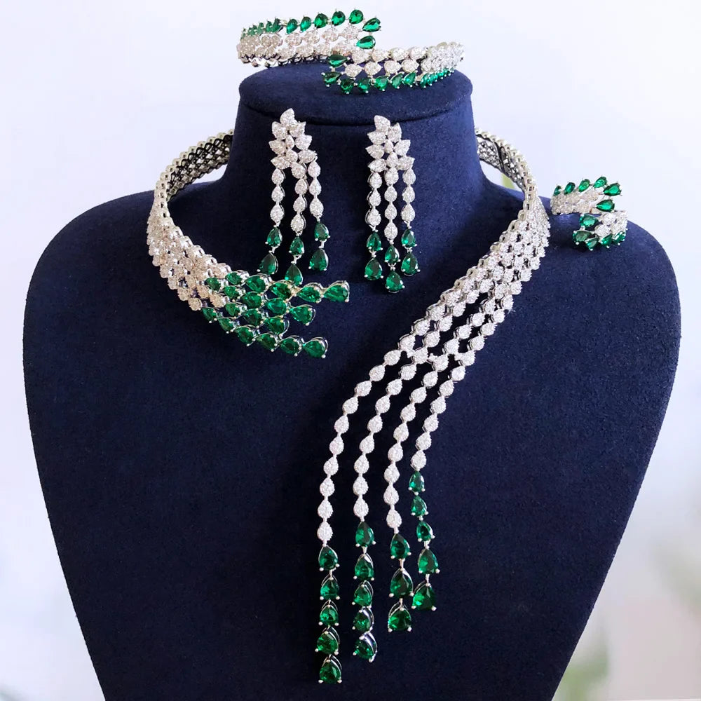Trendy 4PCS Luxury Turquoise Statement Jewelry Sets For Women Wedding Cubic Zircon Indian African Dubai Bridal Necklace