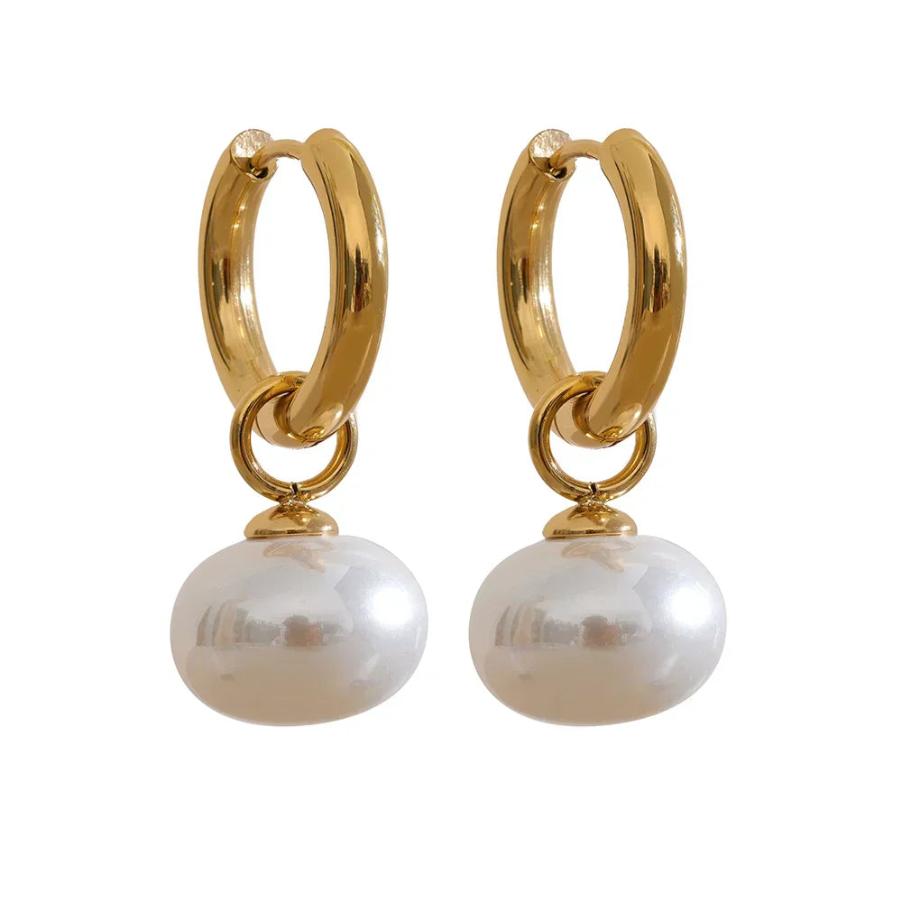 High Quality Imitation Pearls Drop Stainless Steel Golden Korean Hoop Earrings Charms Fashion Jewelry Bijoux Femme Gift