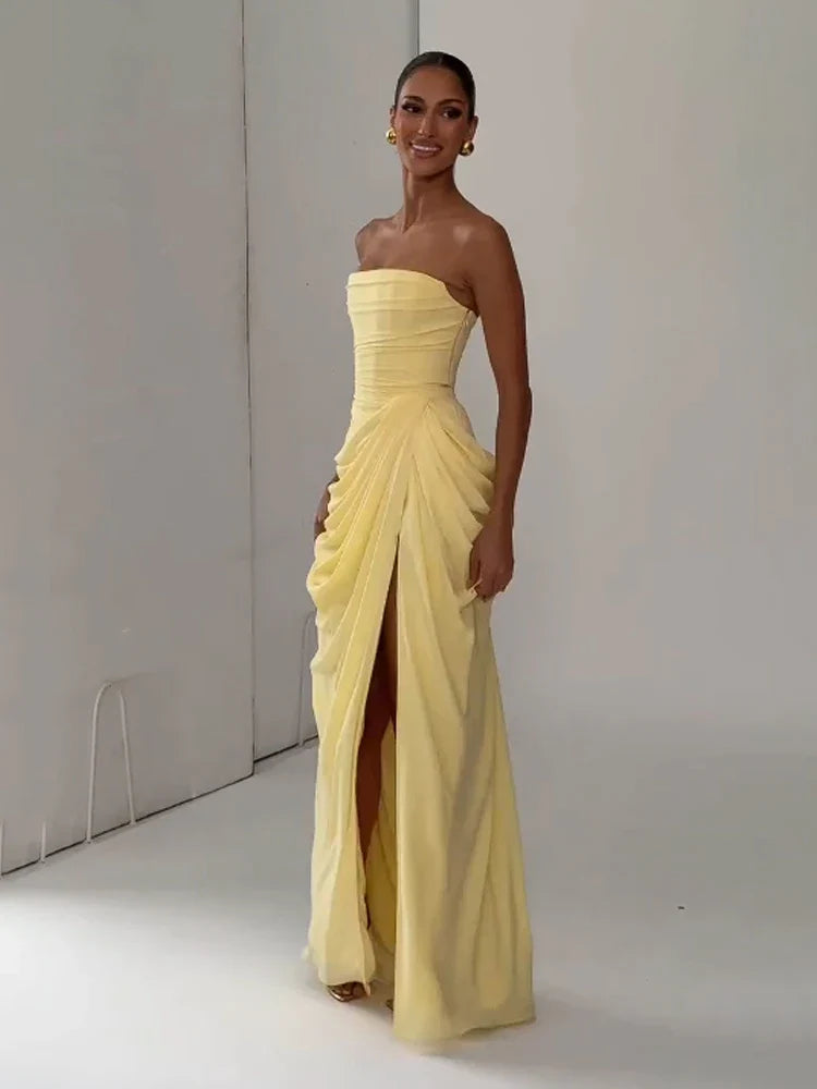 Elegant Solid Pleated Strapless Maxi Dress Yellow Off-shoulder Backless High Waist Split Robe 2026 New Lady Evening Party Gown