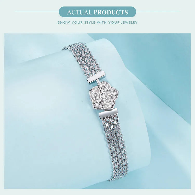 Original 925 Sterling Silver Rose Basic Bracelet Flat Chain Bangle Sparkling Zirconia Flower Charm for Women Birthday Gift