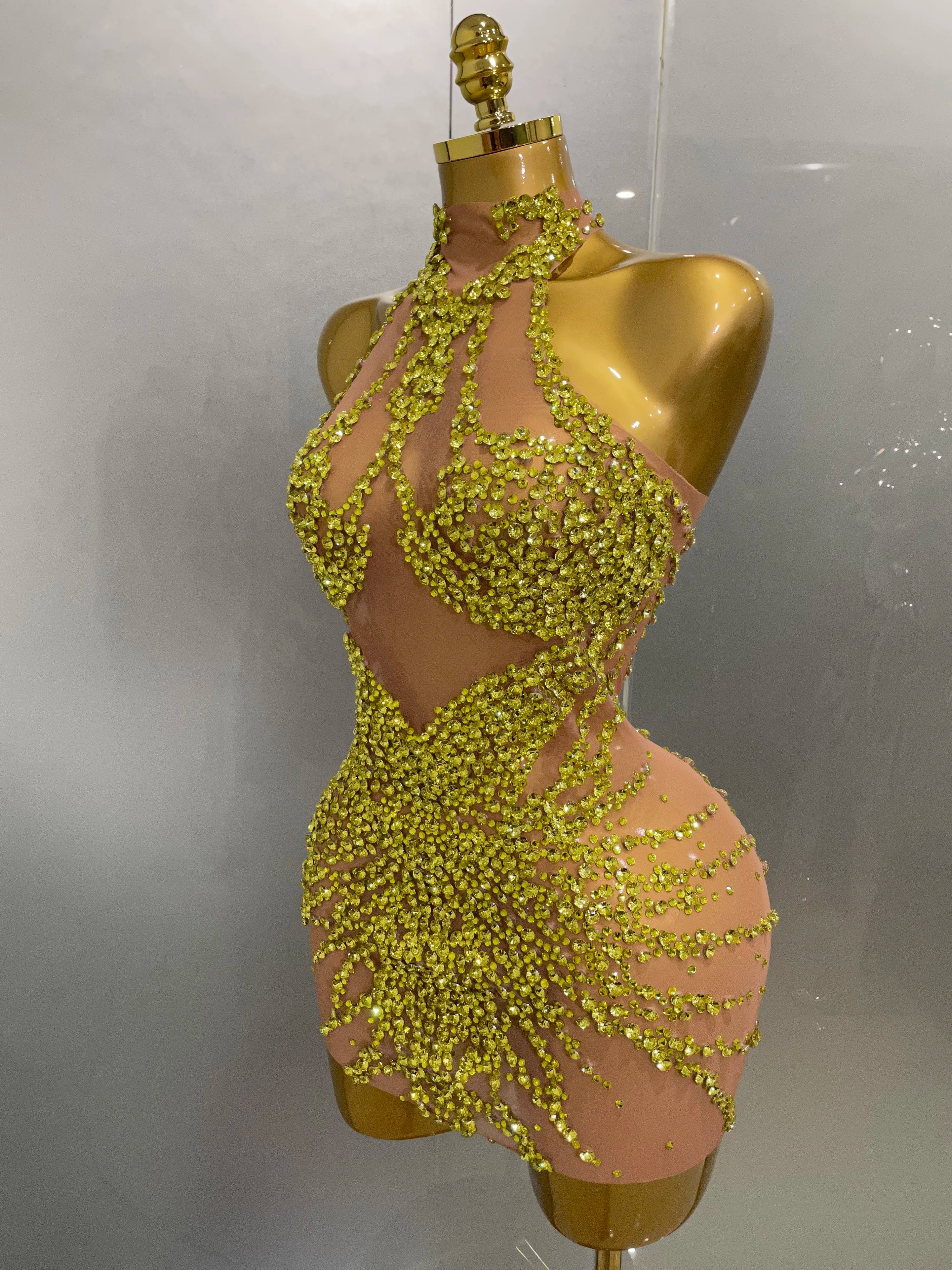 Sparkly Rhinestones Sexy Mesh See Through Dress Party Evening Prom Celebrate Birthday Dress Singer Dancer Show Stage Wear