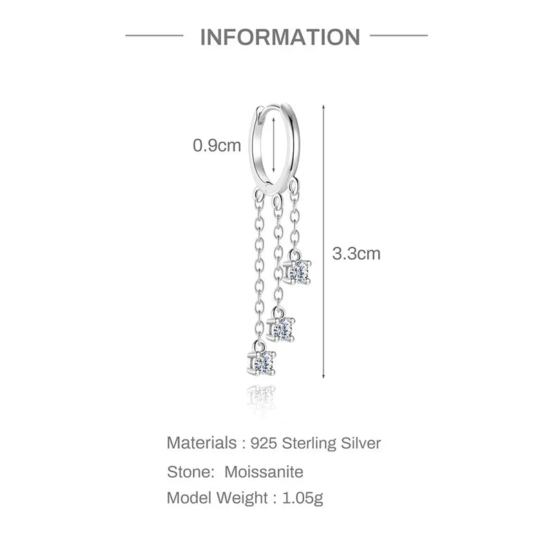 Tassel 3 Gems Certified All Moissanite Drop Earrings D Color Bridal Wedding Jewelry Brilliant Cut S925 Sterling Silver