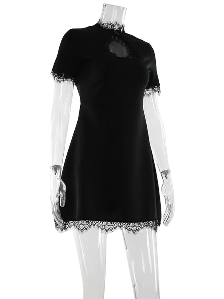 Sexy Women's Mini Dresses Patchwork Short Sleeves Lace Hollow Out Slim Fit Trend Baisc Turtleneck Streetwear Female Robe
