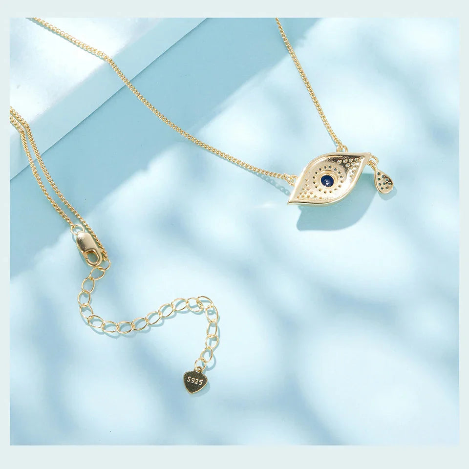 925 Sterling Silver Evil Eye Necklace 18K Gold Plated Teardrop Pendant Blue Zirconium Turkish Protection Jewelry for Women