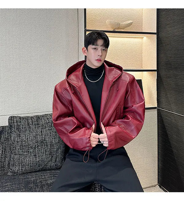 Spring Autumn Short Waterproof Black Pu Leather Jacket Men Hood Zipper High Waist Loose Casual Korean Fashion 2025