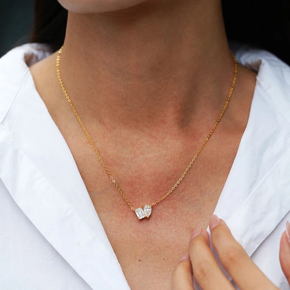2CTTW Pear and Emerald Cut Moissanite Pendant Necklace Toi Et Moi 2 Stone Lab Diamond Necklace for Women S925 Silver 18K Jewelry