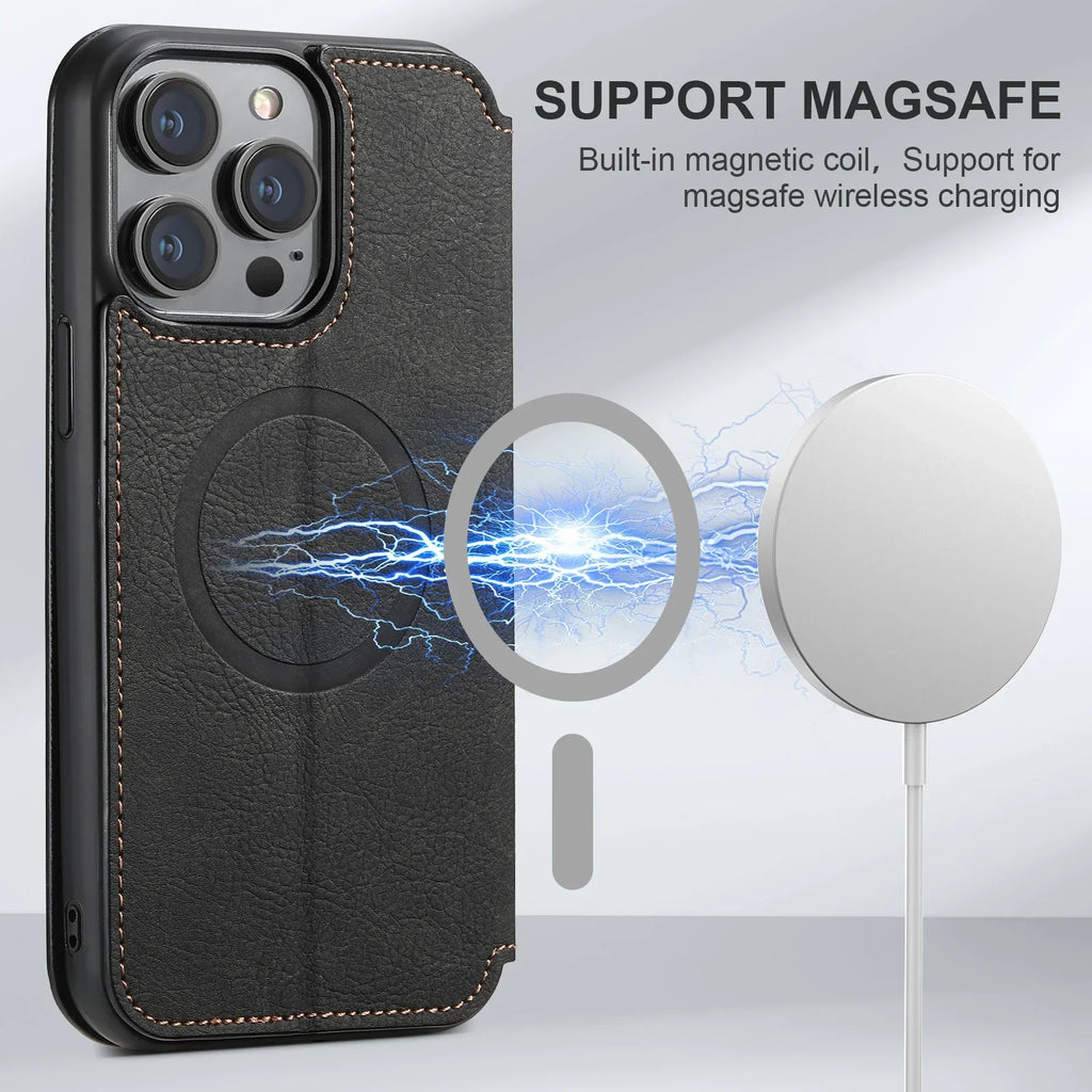 SUTENI Compatible Wireless Charging Leather Phone Case For iPhone 12 13 14 15 16 Plus 17 Pro Max Flip Cover Wallet Card Holder