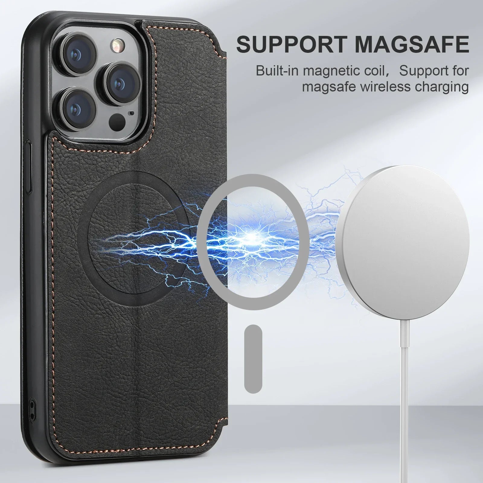 SUTENI Compatible Wireless Charging Leather Phone Case For iPhone 12 13 14 15 16 Plus 17 Pro Max Flip Cover Wallet Card Holder
