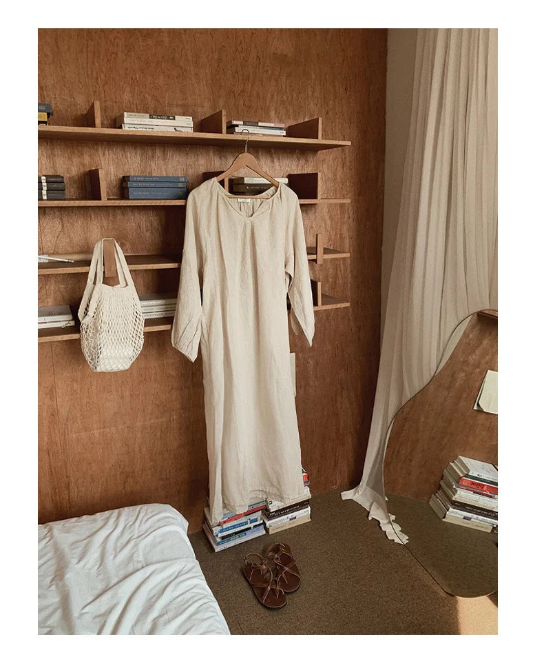 Vintage 100% Cotton Women Dress V Neck Long Sleeve Korean Jananse Pajama Dresses Ladies Comfortable Homewear Wearable Outside