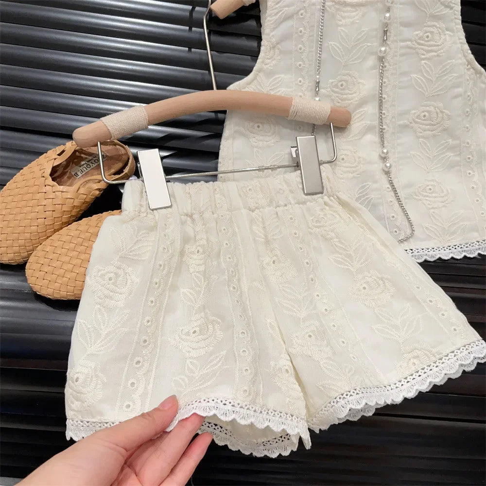 Girls Sleeveless Lace Vest + Shorts