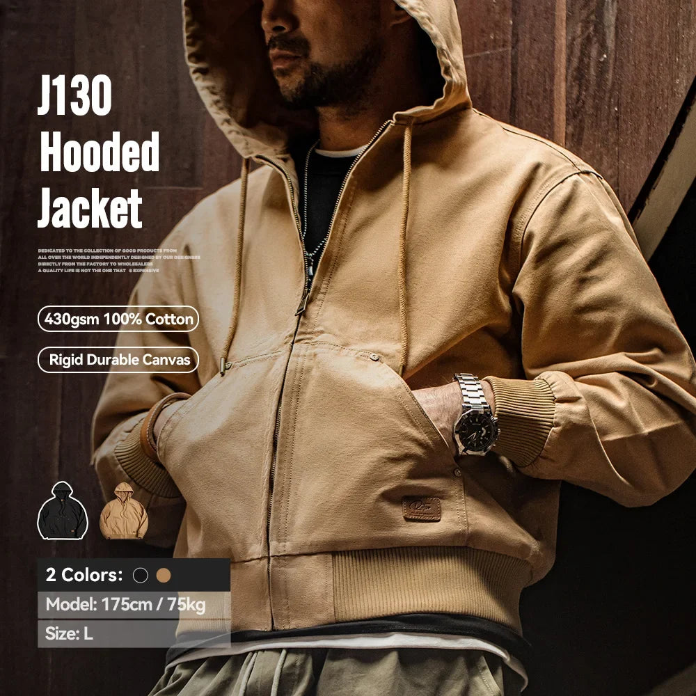Vintage J130 Heavyweight Hooded Jacket Canvas Classic Short Zip Front Solid Color Outerwear for Men Autumn Streetwear Coat