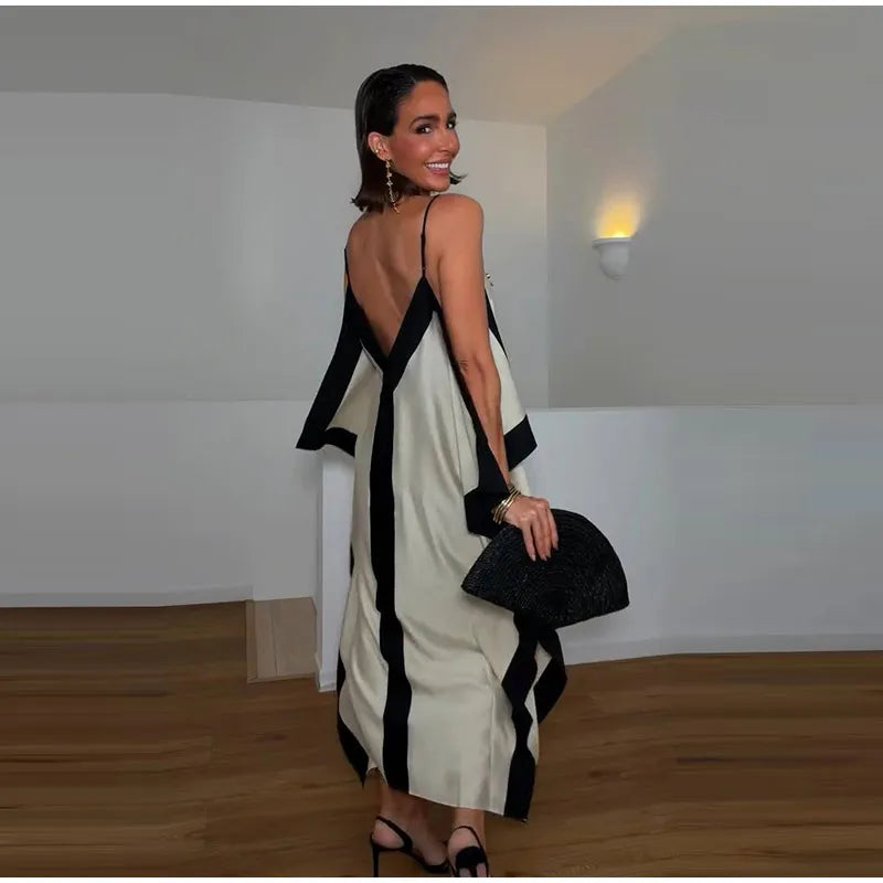 Contrast Black Trim Satin Maxi Dress Deep V Neck Loose Flowy Ruffle Hem Lady Long Gown 2026 Summer Formal Chic Vacation Dresses