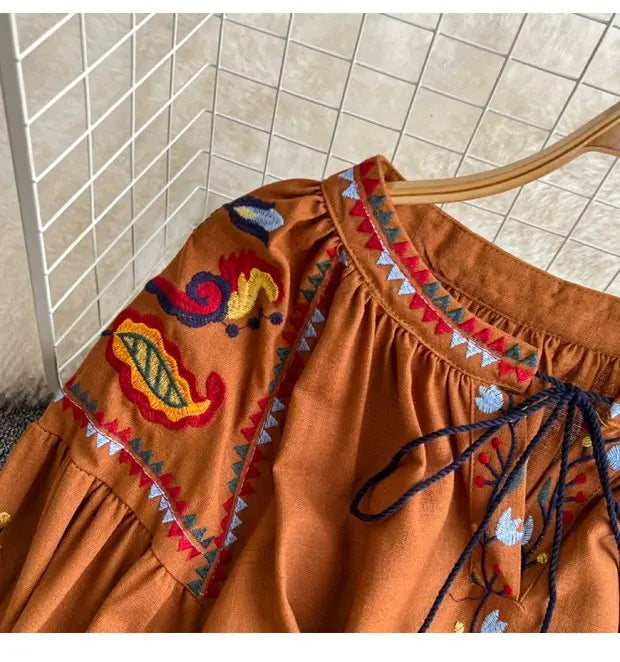 Retro Ethnic Sle Long Sve Embroidered round Ne A-Line Cotton Linen Dr Slimming Waist Cinched Ele Long Dr