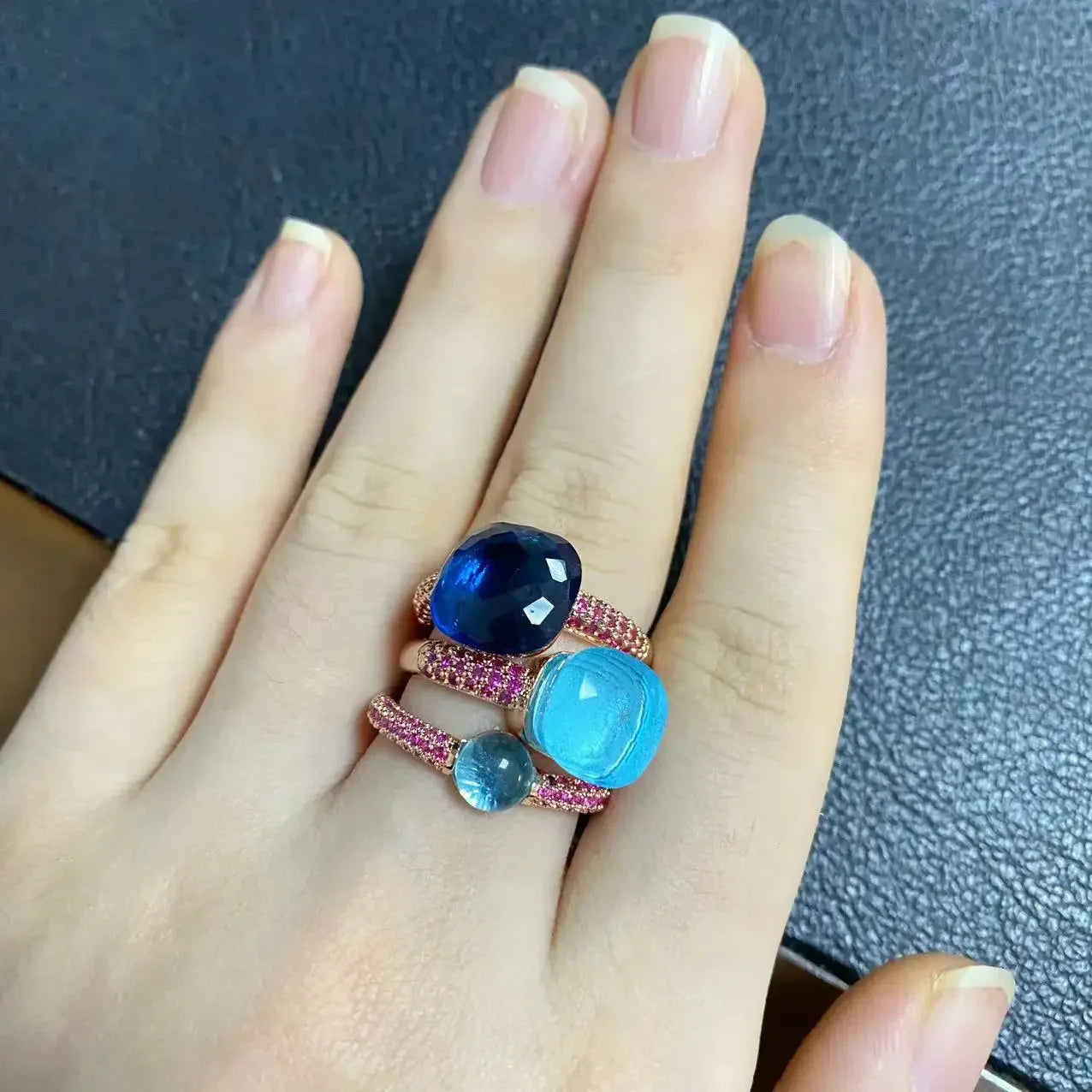 3Pcs/Set Nudo Ring Stacking Set for Women Mix Color Candy Crystal Inlay Zircon Amethyst Blue Topaz Round Jewelry Gift