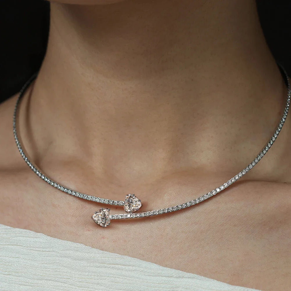 1.6cttw Heart Shape Moissanite Diamond Open Choker Necklace for Women S925 Silver Plated 18k Gold Bridal Collar Tennis Necklace