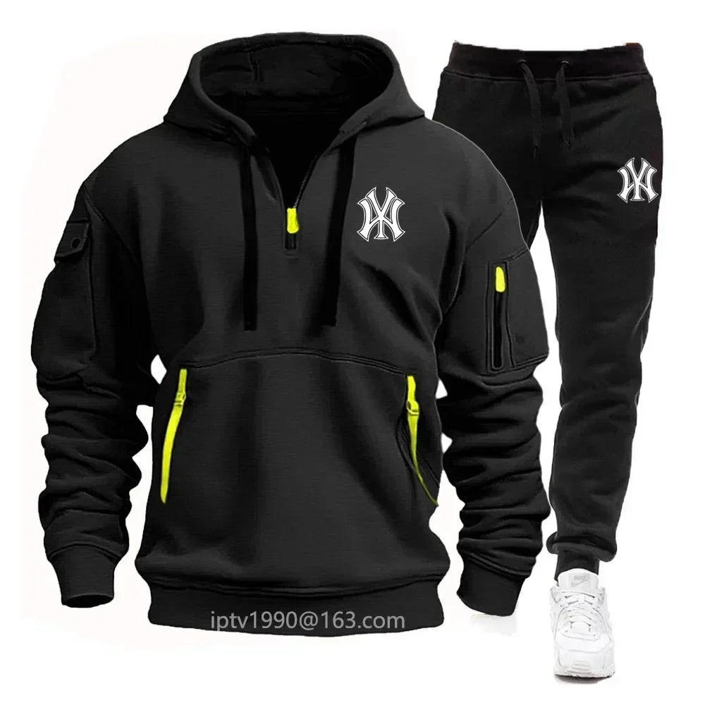 A stylish, casual and fitness two-piece set for men's autumn and winter 2025: zipper hoodie, long-sleeved pullovers and jogging