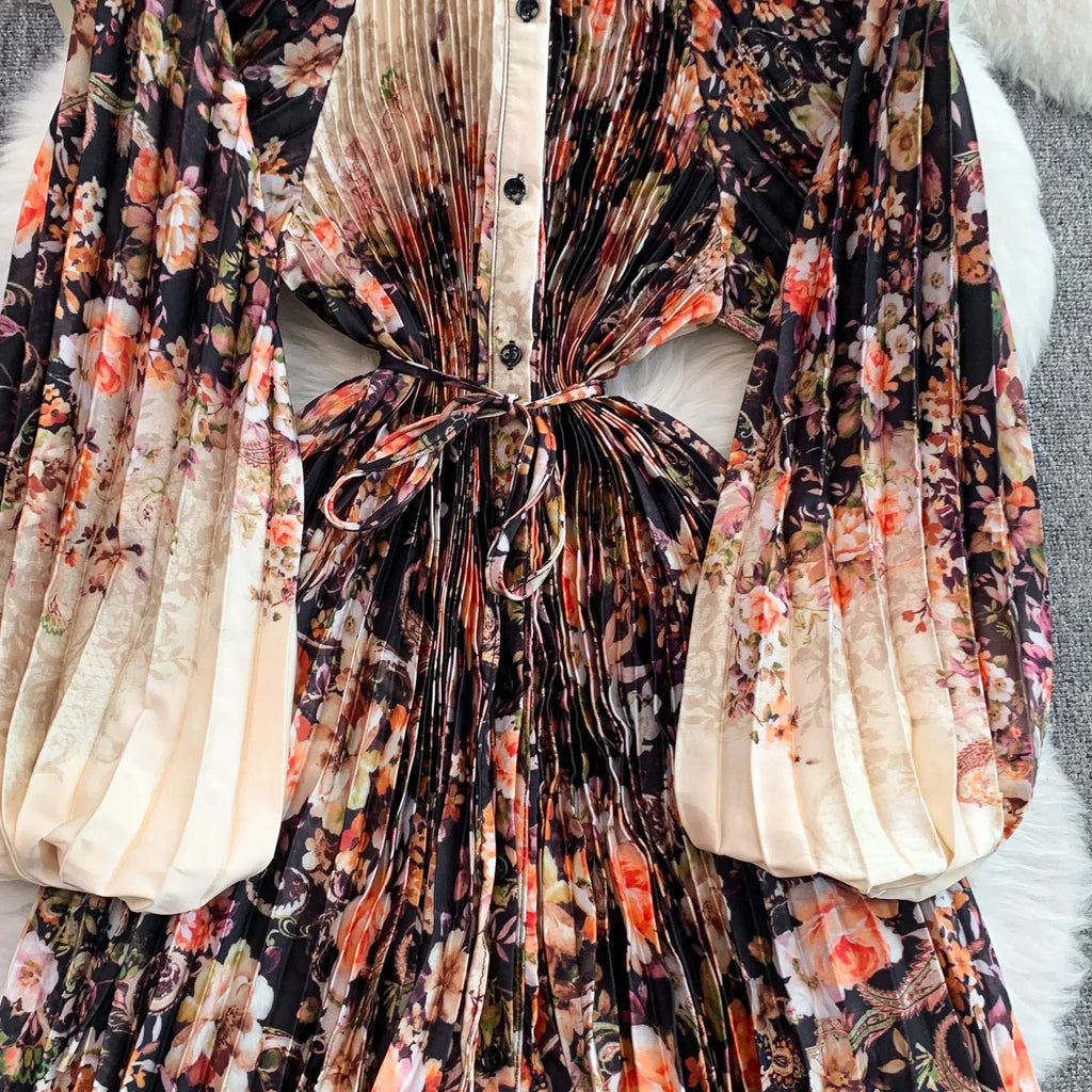 Printed round Ne Lantern Sve Dr Women's Single Button Waist Cinch Maxi Skirt Long Dr Commute Sle Autumn