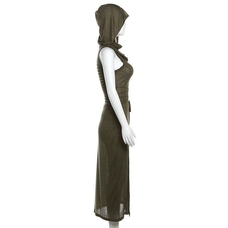 Summer 2023 Sexy European And American Style Sleeveless Hooded Dress Long Split Hollow out Pure Color Women's Gown