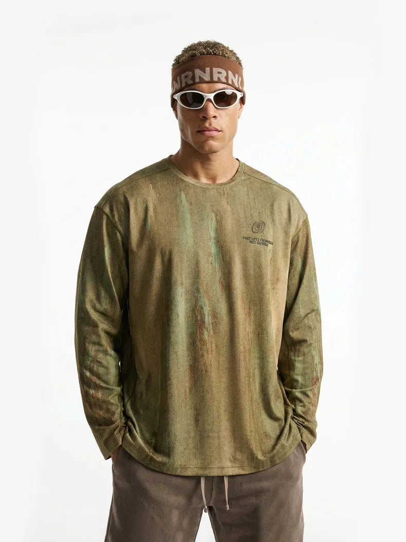 Men's Wasteland Style Long Sleeve T-Shirt - Distressed Digital Print & Loose Elastic Fit Casual Top Unisex