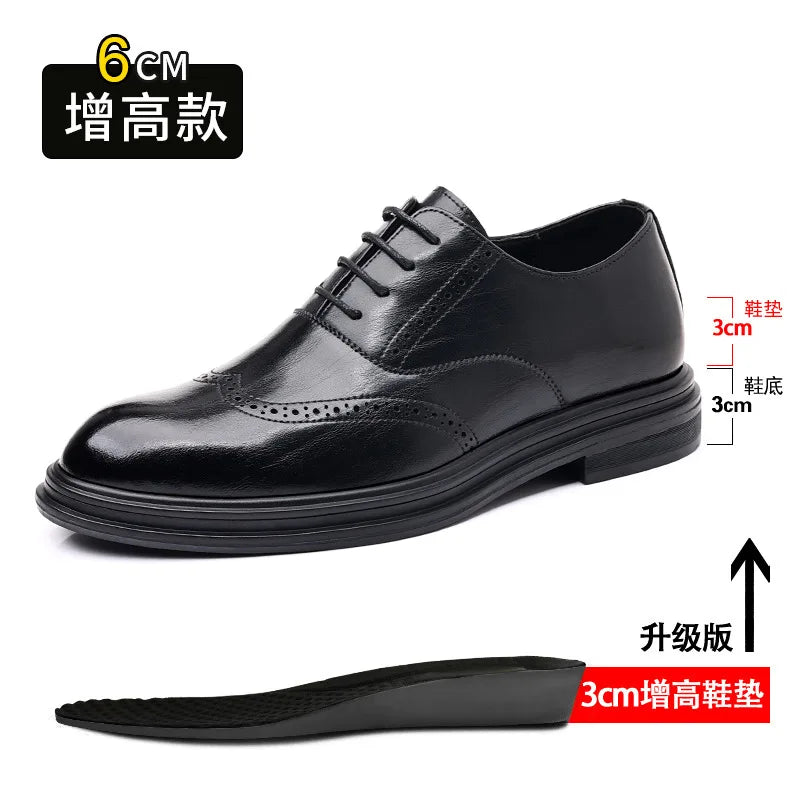 Spring Summer Hallow Leather Shoes for Men 3 6 8cm Increase Fashion Dress Shoes Male Black Business Casual Shoes Man