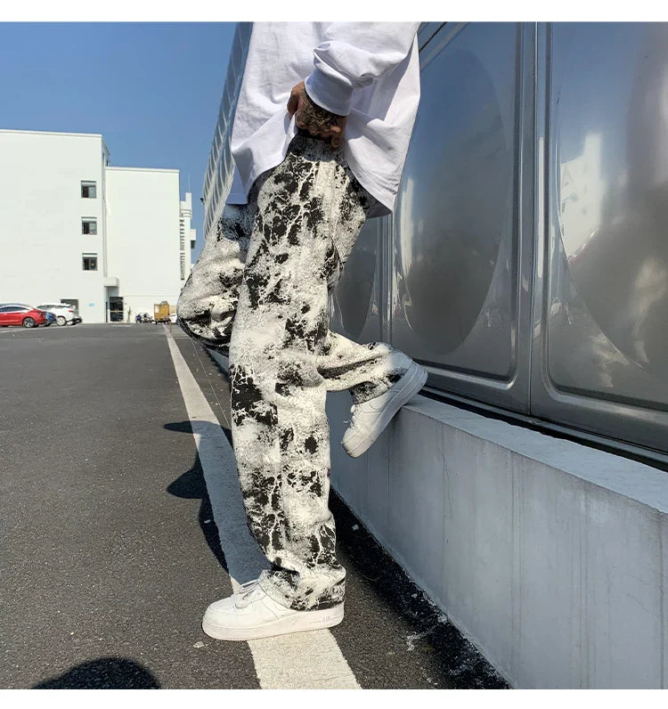 Printed jeans Unisex Elastic waist Spring 2025 Mopping Trousers Jeans Mens Fashion Korean Style High Street Loose Hip Hop Pants