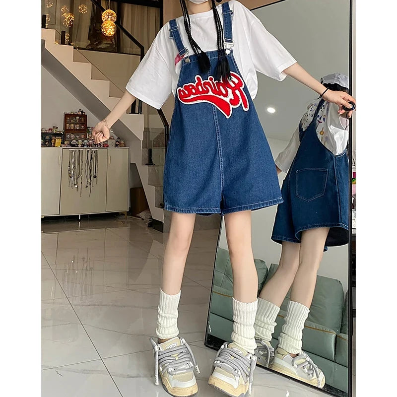 Women Streetwear Kawaii Denim Shorts Overalls Lady Fashion Embroidery Oversize Wide Leg Jeans Female Y2k Clothes Deep Blue Pants