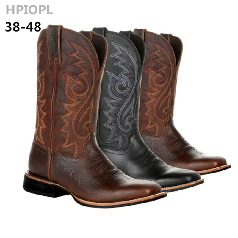 Luxury Men Boots Mid Calf Western Cowboy Motorcycle Boots for Men Autumn Outdoor PU Leather Totem Boots Retro Designed Men Shoes