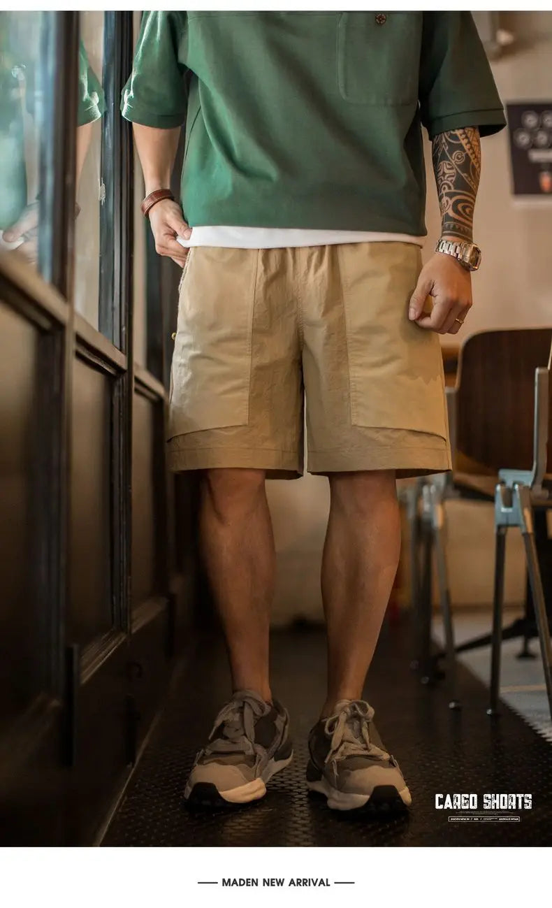 Outdoor Quick-Dry Khaki Cargo Shorts Men's Summer Lightweight Woven Straight Leg Beach Pants Elastic Waist Pocket Shorts