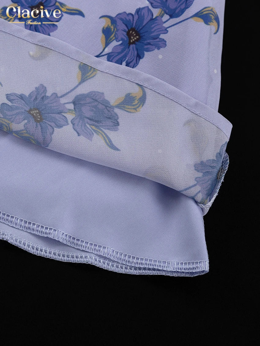 Clacive Fashion Loose Print Women Dress 2025 Sexy Deep V-Neck Short Sleeve Mini Dresses Elegant Classic High Waist Female Dress