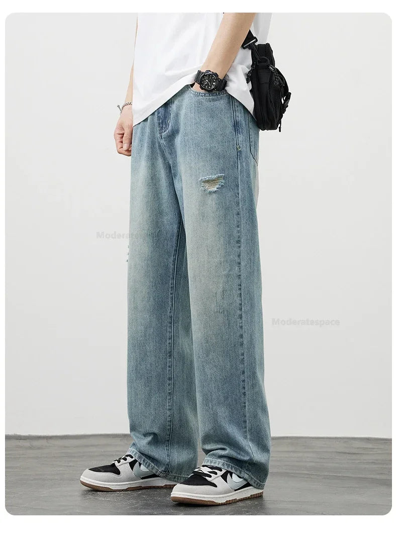 Korea Baggy Cargo Jeans Men Vintage Straight Ripped Y2k Pants Fashion Frayed High Street Distressed Denim Trousers Male Clothes