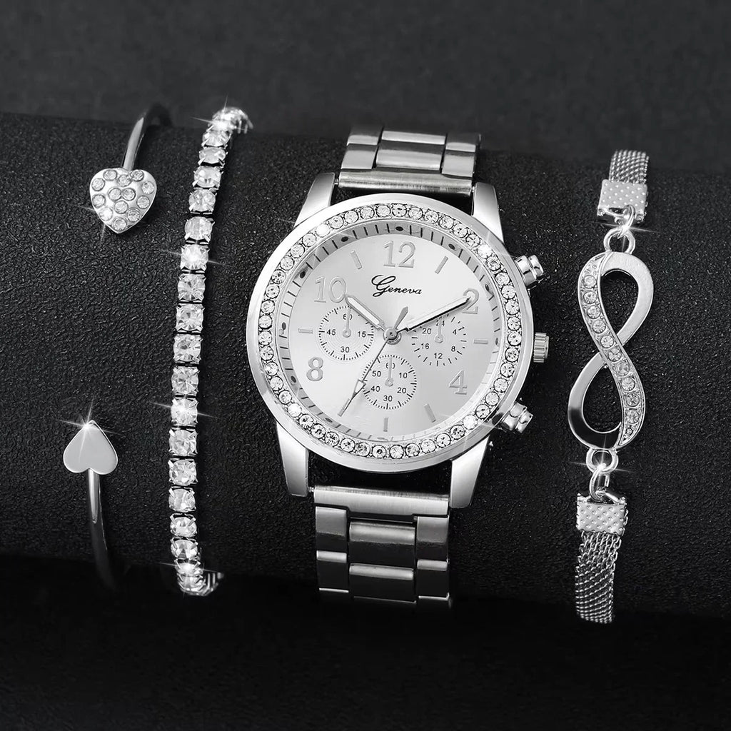 Women's Watch Fashion Rhinestone Arabic Dial Steel Band Quartz Watches Bracelets Set