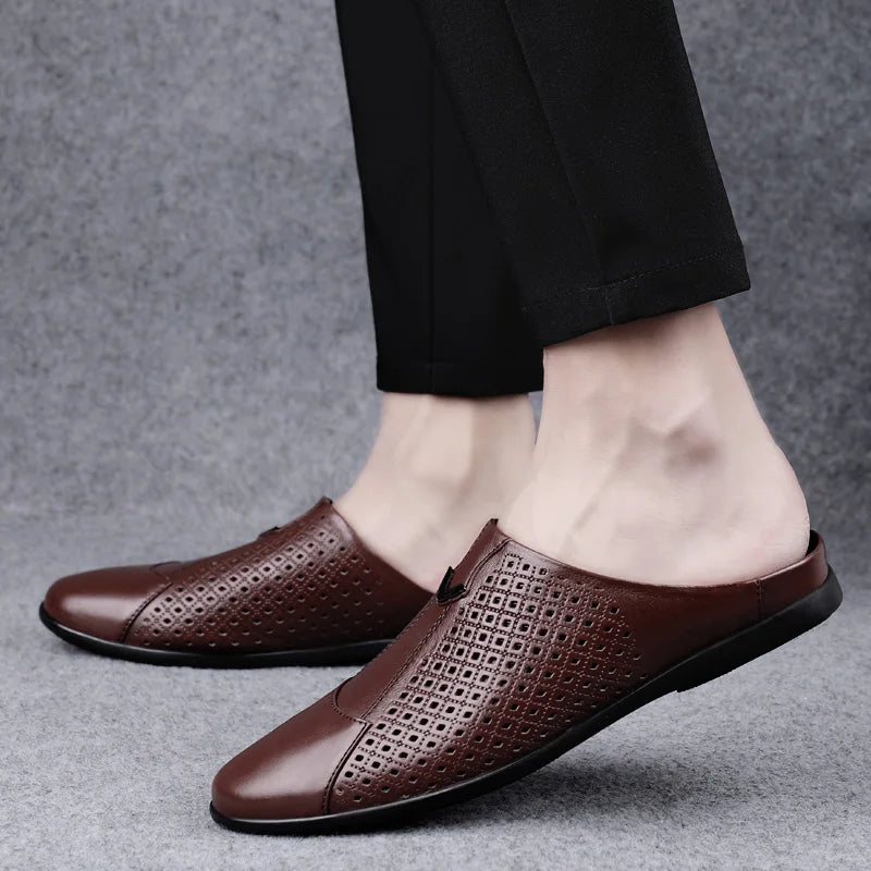 Summer Men Shoes Casual Brand Mens Penny Loafers Genuine Leather Luxury Half Slipper For Men Breathable Lazy Driving Shoes Man