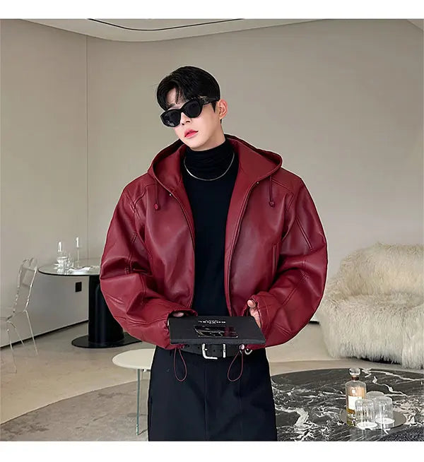 Spring Autumn Short Waterproof Black Pu Leather Jacket Men Hood Zipper High Waist Loose Casual Korean Fashion 2025