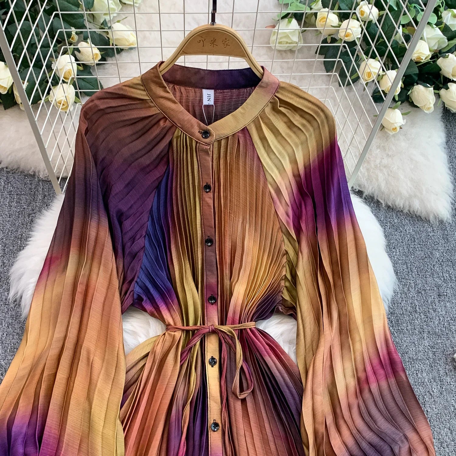 Printed round Ne Lantern Sve Dr Women's Single Button Waist Cinch Maxi Skirt Long Dr Commute Sle Autumn