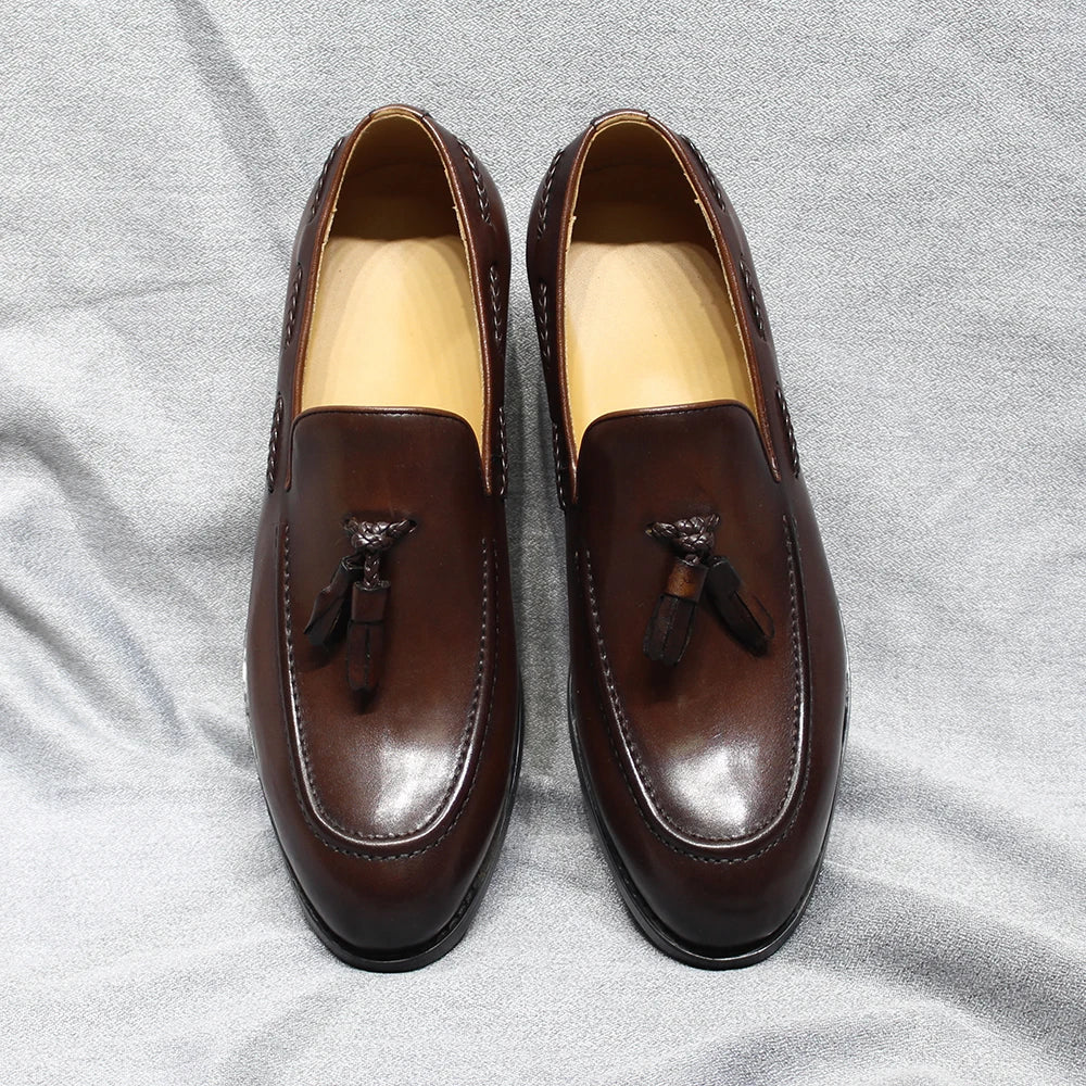 Italian Style Men's Loafers Tassel Genuine Cow Leather Comfortable Slip on Wedding Party Office Dress Shoes for Men Casual Shoes