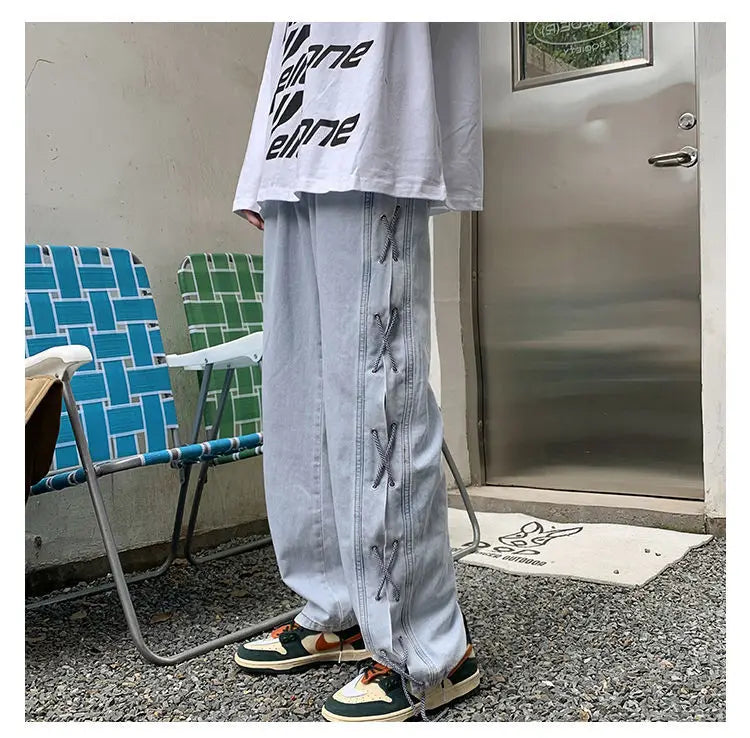 Streetwear Y2k Jeans Pants Lace Up Baggy Black Jeans Man Pants Designer Clothes Side Split 2023 Korean Fashion New