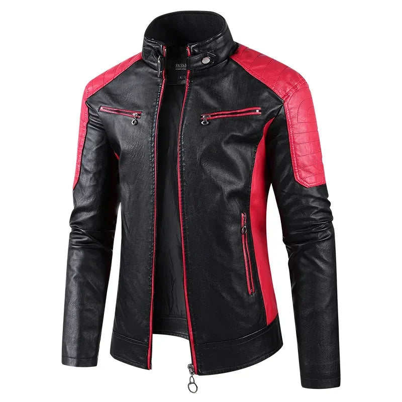 Patchwork Motorcycle Jacket Men ,Leather Jacket, Color-blocking Stand-up Collar Coats, PU Motorcycle Jacket, Motorbike Jacket