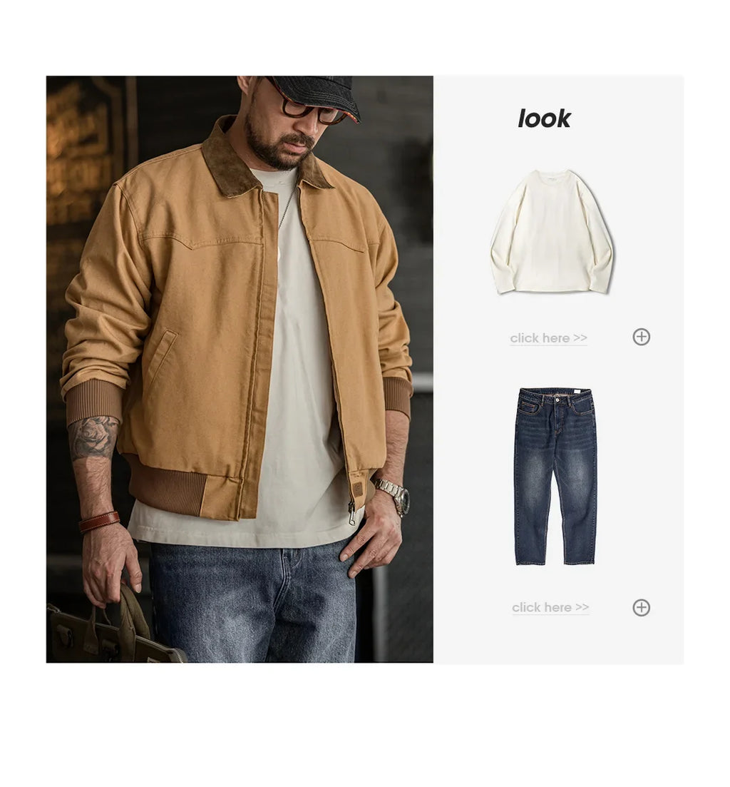Retro Heavyweight Santafe Canvas Jackets Cotton Corduroy Lapel Ribbed Hem Cuffs Short Jacket for Men's Autumn Overcoat