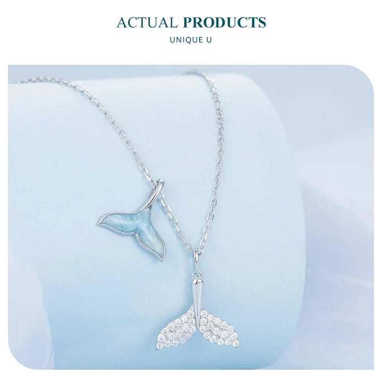 925 Sterling Silver Sky Blue Enamel Whale Tail Pendant Necklace Double Fish Tail Neck Chain for Women Fine Jewelry BSN294