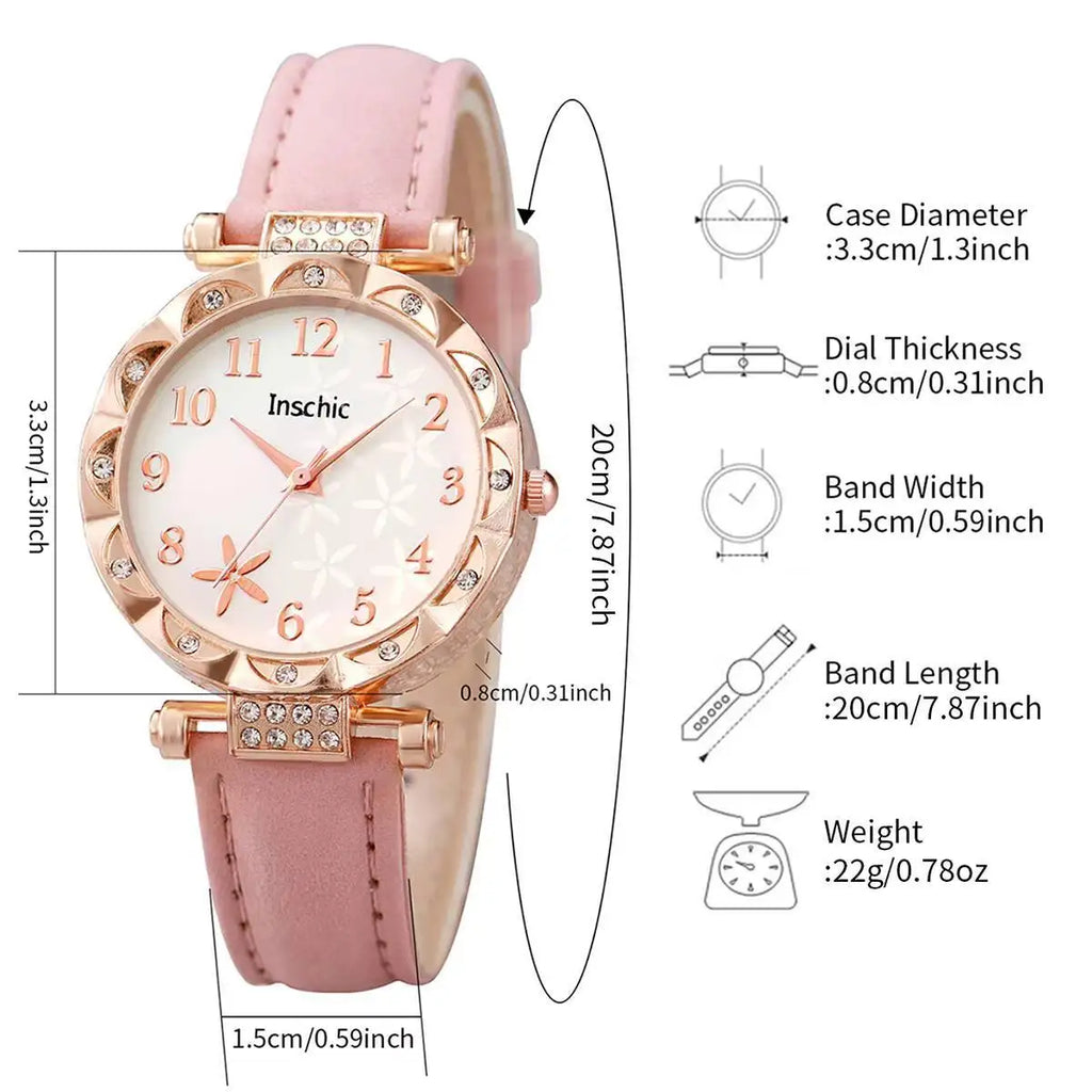 6PCS/Set Fashion Flowers Dial Women's Quartz Watch Leather Band Watches Rhinestone Jewelry Set（Without Box）